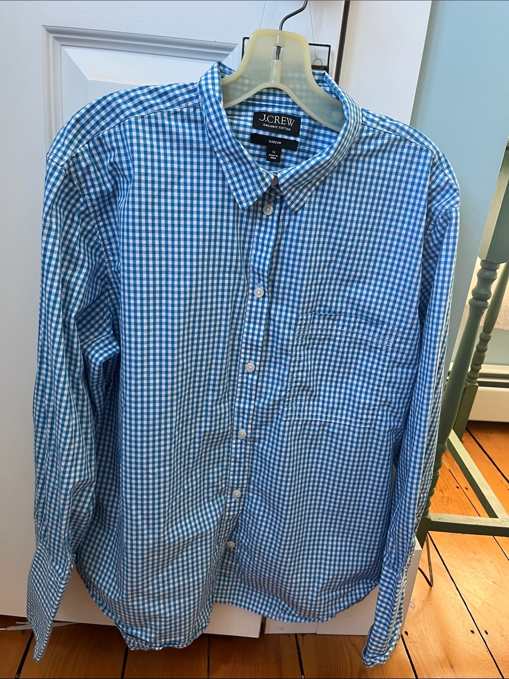 Womens J. Crew Blue and White Checked Button-Down Shirt pocket organic cotton 14